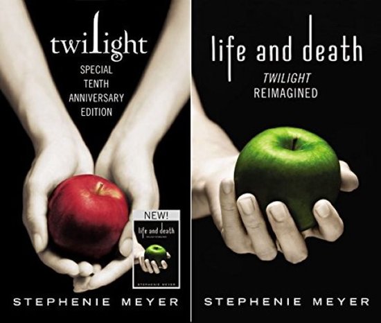 Twilight Tenth Anniversary en Life and Death Dual Edition van Stephenie Meyer, met rode en groene appels.