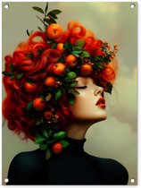 Tuinposter 60x80 cm - Tuindecoratie Vrouw - Appels - Rood - Bladeren - Poster voor in de tuin - Buiten decoratie - Schutting tuinschilderij - Tuindoek muurdecoratie - Wanddecoratie balkondoek