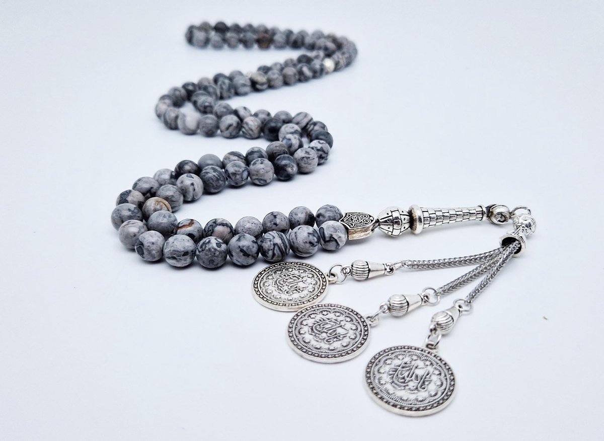Handgemaakte tesbih "Tasbih" natuursteen "Map Jaspe" - Aantal kralen 99 - Diameter kralen 8MM - met metaal tassel "Masha' allah" - Een mooi cadeau-idee