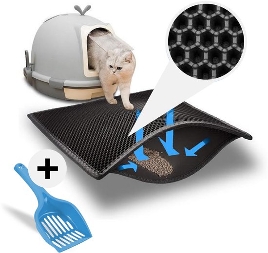 Tenify Kattenbakmat + Extra Kattenbak Schepje - 40 x 50 cm - Waterdicht - Dubbele laag - Honingraatstructuur - Uitloopmat - Mat