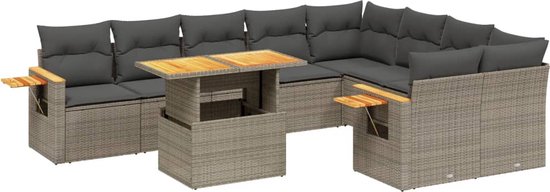 vidaXL 8-delige Loungeset met kussens en hout armsteun - Grijs - Poly rattan | Leen Bakker vidaXL 8-delige Loungeset met kussens en hout armsteun - Grijs - Poly rattan | Leen Bakker