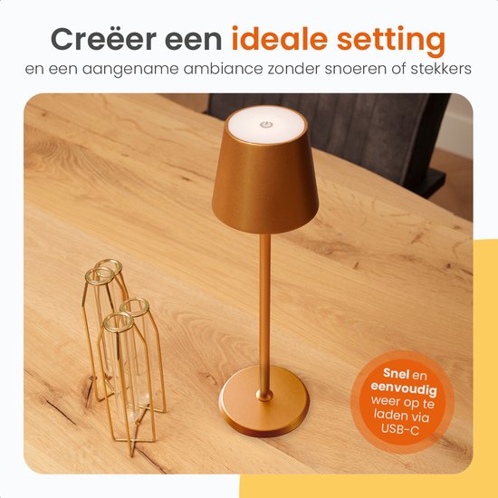 Goliving Lampe de Table Rechargeable – Sans Fil et dimmable – Lampe Tactile Moderne – Lampe de Nuit Chambre – 38 cm – Or