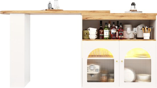 Gotagee Table de bar extensible Table à manger avec espace de rangement Table de bar rotative Table de bistro Table à manger Avec LED (couleur de la lumière réglable) Wit