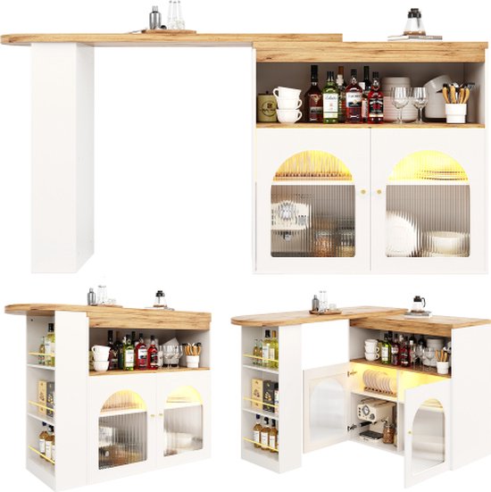 Gotagee Table de bar extensible Table à manger avec espace de rangement Table de bar rotative Table de bistro Table à manger Avec LED (couleur de la lumière réglable) Wit