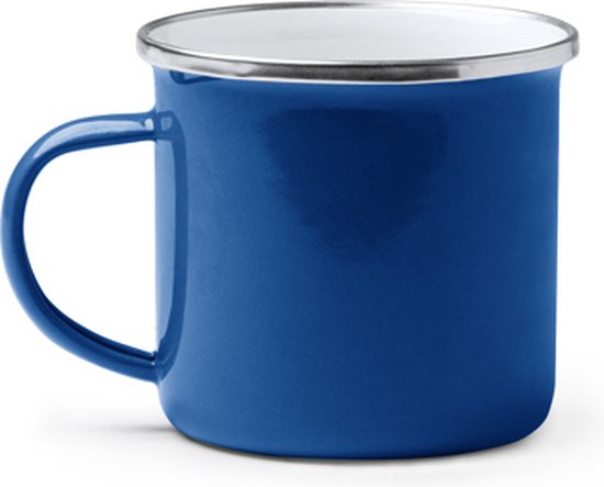 Royale blauwe geëmailleerde metalen mok met zilverkleurige rand en handvat. Inhoud 380 ml.