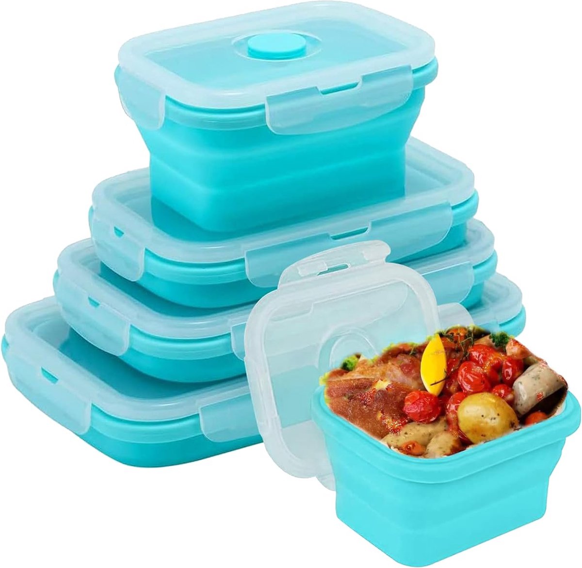 La'Moussawi ® Set van 4 Opvouwbare Siliconen Voedselcontainers met Deksel, Geschikt voor Koelkast en Magnetron