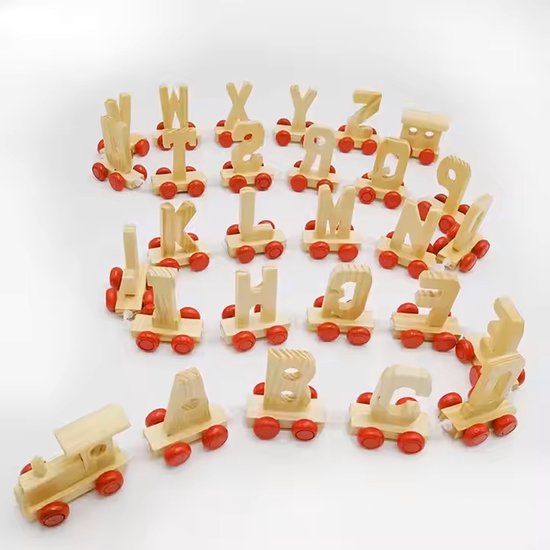 Houten treinletters - speelgoed - set 28 stuks(A-Z + locomotief + achterwagon) - letters voor kinderen - educatief speelgoed voor het leren van het alfabet