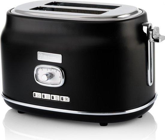 Westinghouse Retro Broodrooster – 2 Sneden – Extra Brede Sleuven – Warmhoudrek – 815W – Zwart
