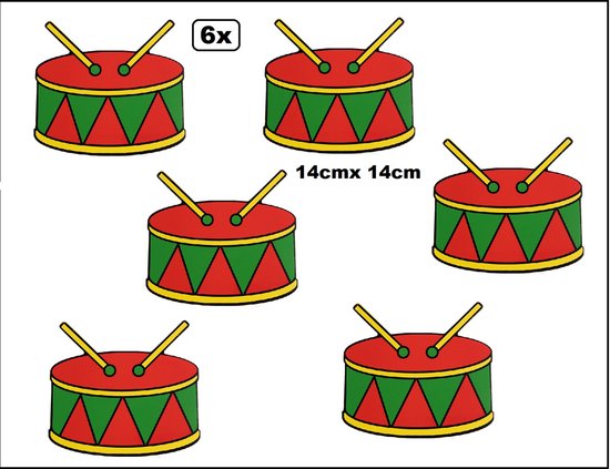 Set van 6 houten trommels met rode bovenzijde, groene en rode driehoekige zijkanten, en gele stokjes. Afmeting 14cm x 14cm.