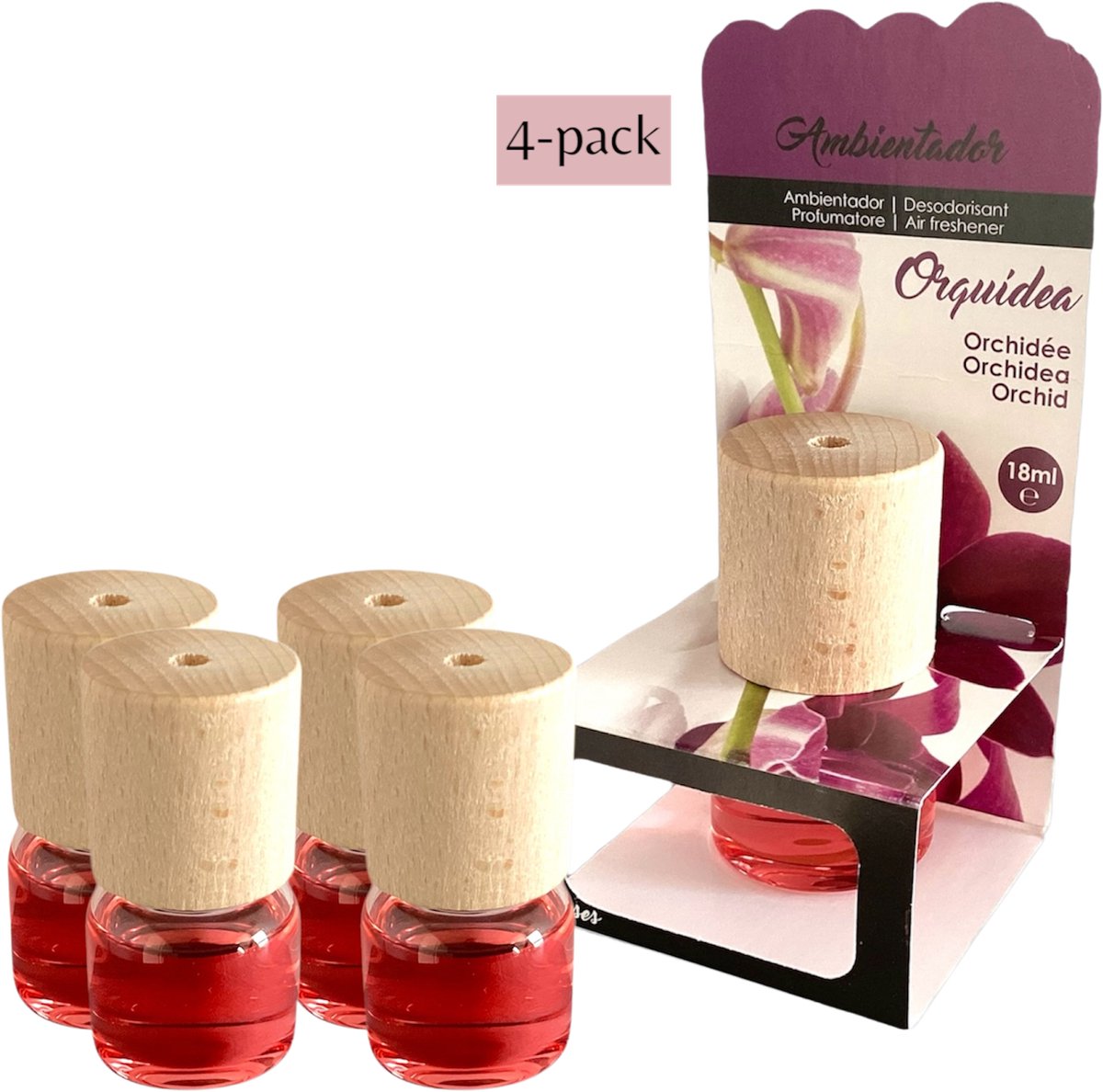 Luchtverfrisser 4x - 'Orquidea' - Orchidee - 18 ml - Inclusief verzenden - Verfrisser - Geurverfrisser - Parfum - Huisparfum - Geur - Hout - Houten - Geurflesje - Fles - Flesje - Flesjes - Klein - Kleine - Roze - Toilet - Wc - Badkamer - Woning