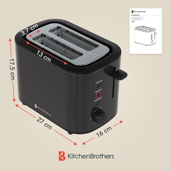 Grille-pain KitchenBrothers - Rétro - Grille-pain - 6 réglages de grillage réglables - 2 fentes Extra larges - 820 W - Bronze/ Zwart