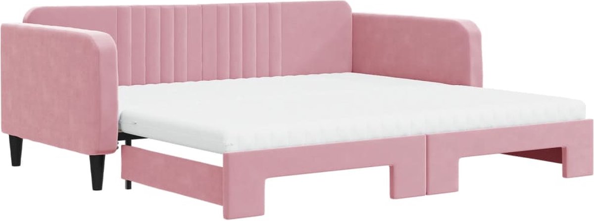 vidaXL Slaapbank - onderschuifbed - en - matrassen - 100x200 - cm - fluweel - roze