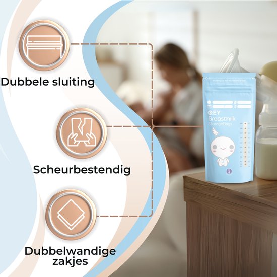 QEY® 120 Stuks Moedermelk Bewaarzakjes – Lekvrij, BPA-vrij & Steriel – Stevig & Plat Ontwerp – Handig Schrijfvlak – Bewaarzakjes voor Borstvoeding – Geschikt voor Vriezer & Koelkast - Blauw