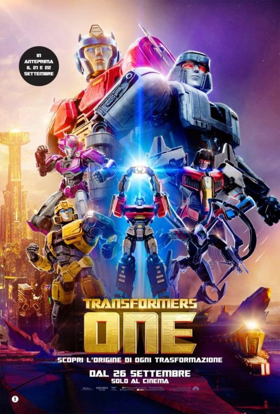 Film poster met diverse Transformers, waaronder Optimus Prime en Megatron. In de bioscoop vanaf 26 september.
