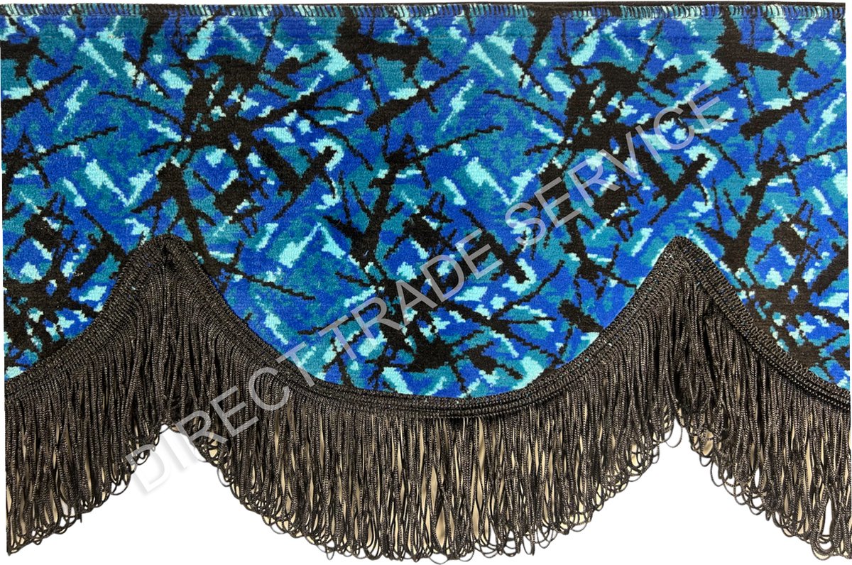 Raamband Deense pluche blauw 12 cm hoog met zwarte franjes, inclusief Velcro voor vrachtwagen, tractor, bestelbus, caravan, sprinter, truck enz