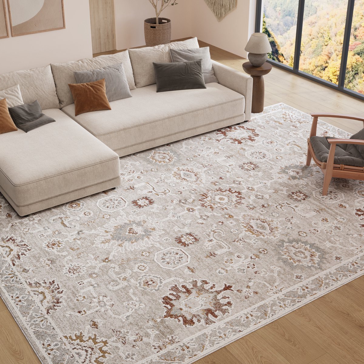 Tapiso Trend Tapijt Kortpolig - Vintage Tapijt Hoge Kwaliteit - Elegant Woonkamer Tapijt in Crème Beige met Bruin Grijs - Bloemenpatroon - Easy Care Tapijt - OEKO-TEX 120x170 Creme Beige