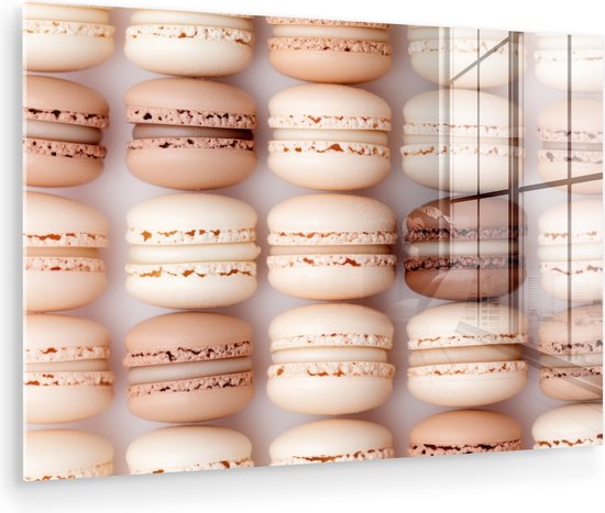 MuchoWow® Glasschilderij 120x80 cm - Schilderij acrylglas - Macarons - Beige - Bruin - Foto op glas - Muurdecoratie woonkamer - Wanddecoratie slaapkamer - Schilderijen