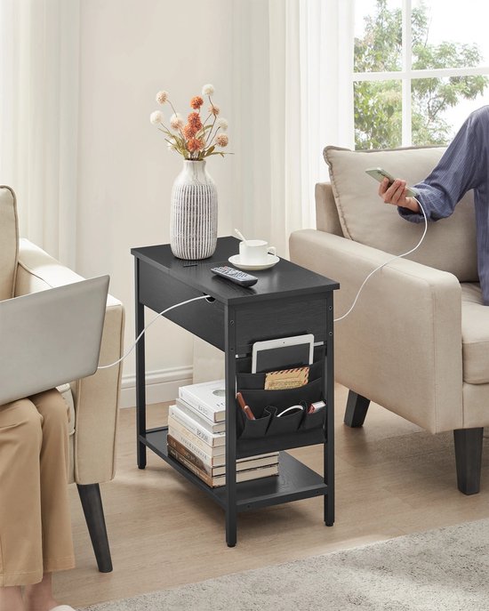 HOMCOM Bijzettafel Opvouwbaar Met Oplaadstation USB Poorten Metaal Bruin 39x29x57 Cm C Vormig Industrieel Design Aosomnl