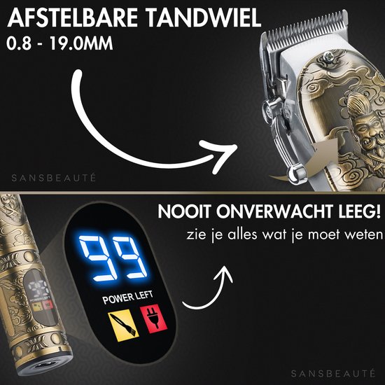 Gouden Sansbeauté tondeuse: 7000rpm motor met blauwe gloed, en een 'New Tech Blade' met vonken.