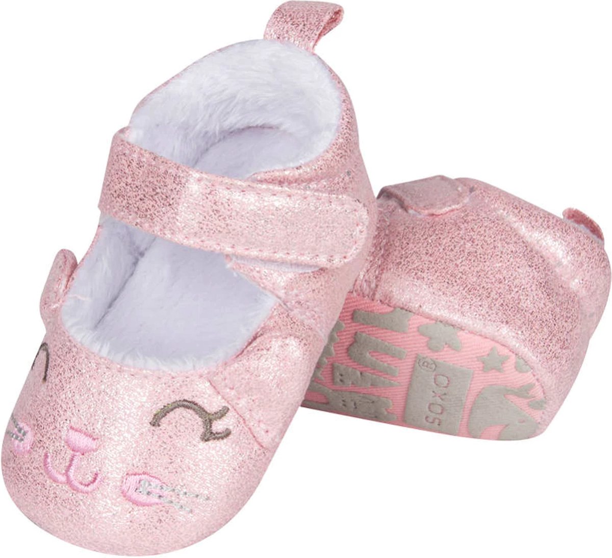 Soxo Babyslofjes Kittens Roze Glitterstof Slofjes met Antislip Zool voor Meisjes Babyslofje roze glitter Poezenhoofd slofjes Poezenhoofd babyschoentjes Slofjes met anti-slip zool Unieke babyslofjes