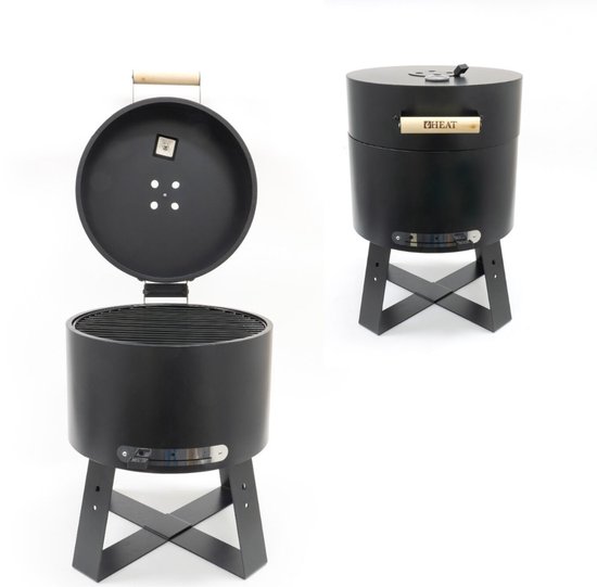 HEAT Houtskoolbarbecue - Compacte Draagbare BBQ met Thermometer en Luchtregulatie - Zwart Staal - 40x40x57 cm