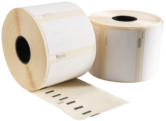 Twee rollen witte etiketten op wit papier, met zwarte markeringen op de achterkant.