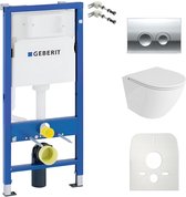 Inbouwreservoir Complete Toiletset Geberit Duofix Basic - Inbouw WC Hangtoilet Wandcloset SOFI ONE Wit Hoogglans Randloos - Bedieningsplaat DELTA 25 Chroom Rund - Voorwandelement - Installatiesysteem