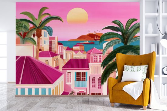 Behang - Fotobehang Stad - Roze - Palmbomen - Breedte 320 cm x hoogte 240 cm