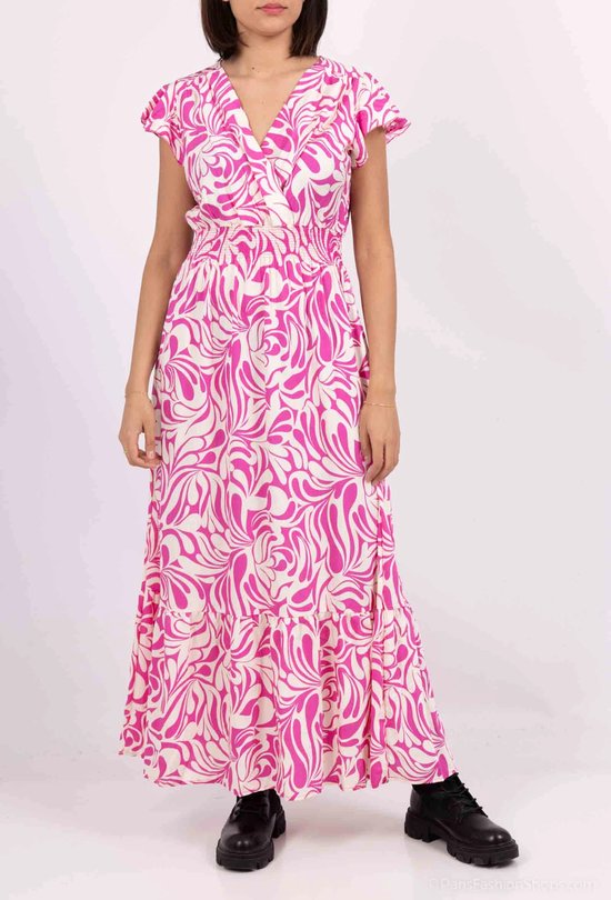 Lange dames jurk Amelia-fantasiemotief-fuchsia beige-Maat M/L-strandjurk