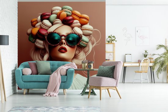 Behang - Fotobehang Vrouw - Macarons - Bril - Breedte 220 cm x hoogte 220 cm