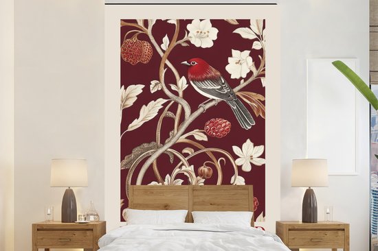 Behang - Fotobehang Vogel - Bordeaux - Bloemen - Bessen - Breedte 170 cm x hoogte 260 cm