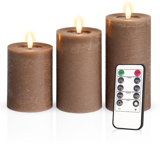 Meisterhome – 3 x Led Stompkaars - Coyote bruin – Stompkaars Echte wax - Led kaarsen - 10 / 12.5 / 15 cm Hoog - Met afstandsbediening – Timer 2/4/6/8 uur – Dimbaar