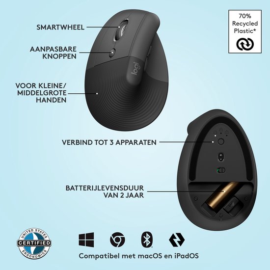 Logitech Lift - Verticale ergonomische muis - Linkshandig - Graphite