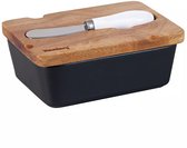 Beurrier en céramique Klausberg - Zwart avec couvercle en bois d'acacia et couteau à beurre en acier inoxydable - Garantie de fraîcheur pour le beurre et le fromage