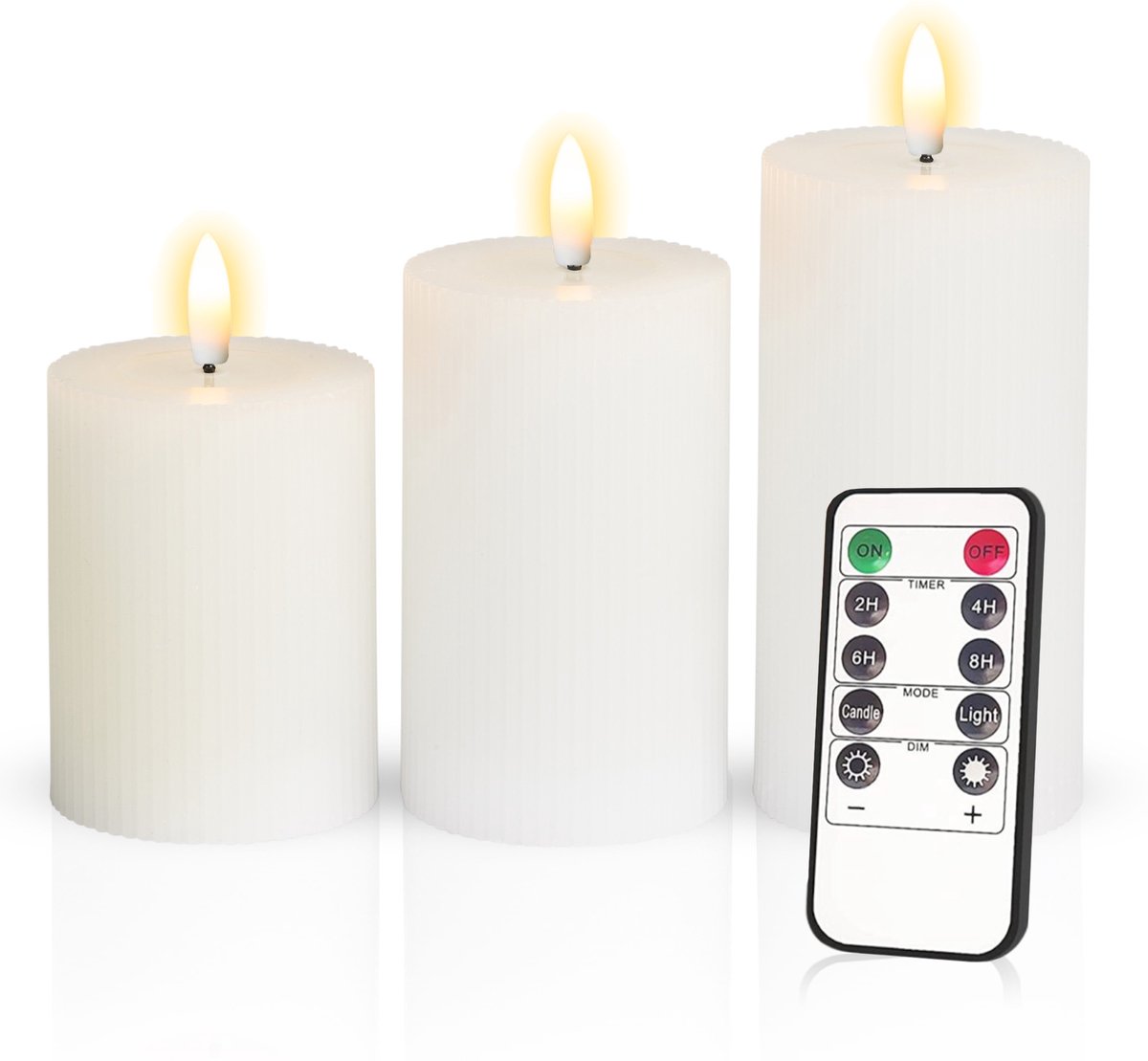 Meisterhome – 3 x Led Stompkaars Ribbel - Wit – Stompkaars Echte wax - Led kaarsen - 10 / 12.5 / 15 cm Hoog - Met afstandsbediening – Timer 2/4/6/8 uur - Dimbaar