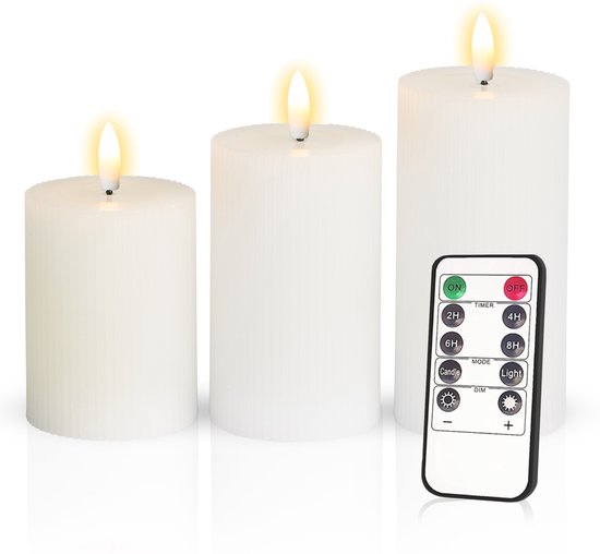 Meisterhome – 3 x Led Stompkaars Ribbel - Wit – Stompkaars Echte wax - Led kaarsen - 10 / 12.5 / 15 cm Hoog - Met afstandsbediening – Timer 2/4/6/8 uur - Dimbaar