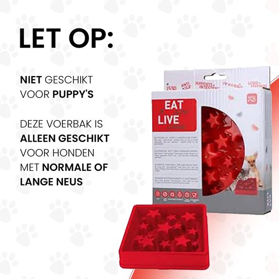Rode voerbak met sterrenpatroon, "LET OP: NIET GESCHIKT VOOR PUPPY'S". Verpakking "EAT SLOW LIVE LONGER XS" met chihuahua.