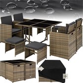 tectake® -wicker loungemeubelset zitgroep - 4x stoelen, 1x tafel, 4x krukken - weerbestendig en ruimtebesparend - inclusief beschermhoes - outdoor wicker tuinmeubelen voor balkon, tuin en terras - natuurkleur