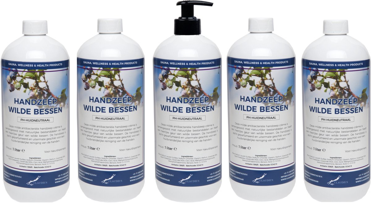 Handzeep Wilde Bessen 1 liter - met gratis pompje - set van 5 stuks - Voordeelverpakking