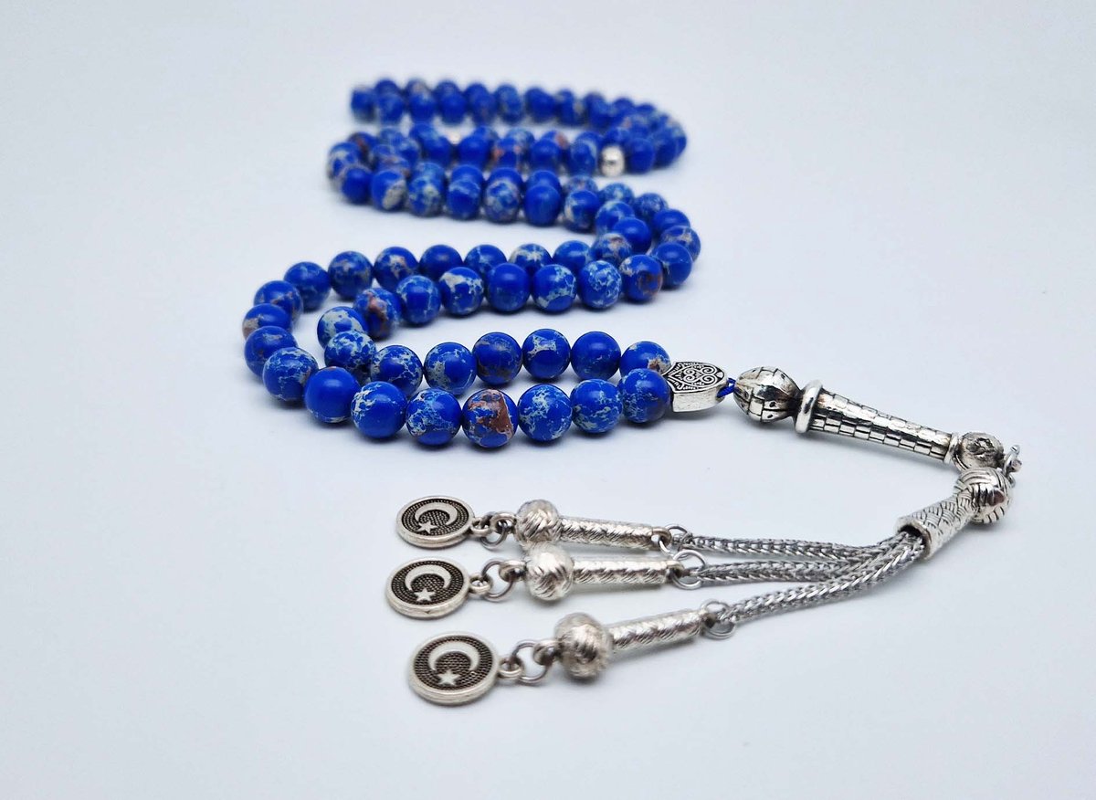 Handgemaakte tesbih "Tasbih" natuursteen " Lapis Lazuli" - Aantal kralen 99 - Diameter kralen 8MM - met metaal tassel "Vlag van Turkije" - Een mooi cadeau-idee