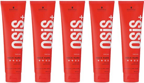 Vijf rode OSiS+ Rock-Hard tubes met witte tekst: OSIS+, TEXTURE, ROCK HARD, INSTANT HOLD GLUE, en 4 plus tekens.