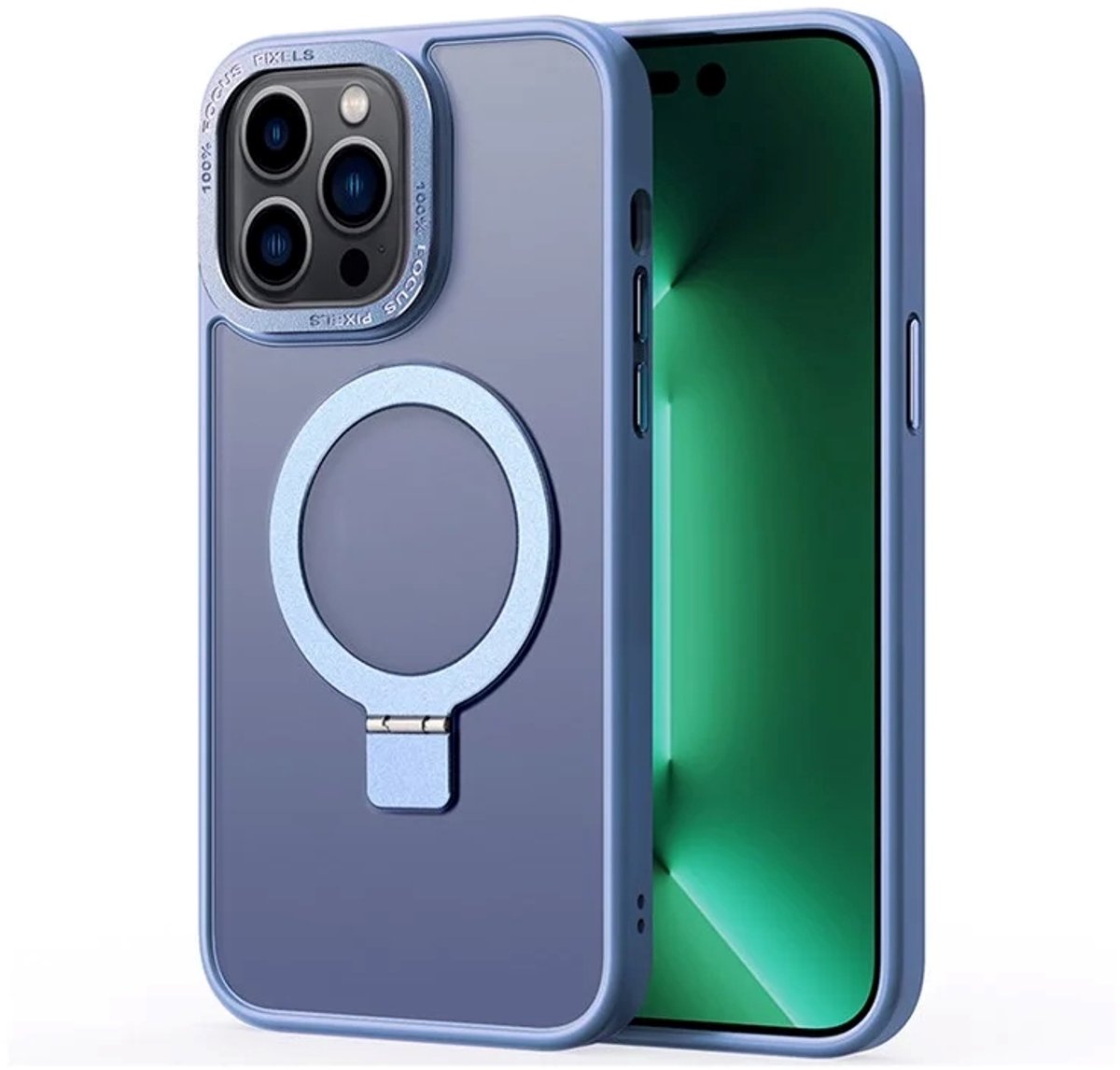 Cityhoesje - iPhone 15 Pro - Magnetic - Ring Holder Kickstand - Protective – Backcase - Blauw