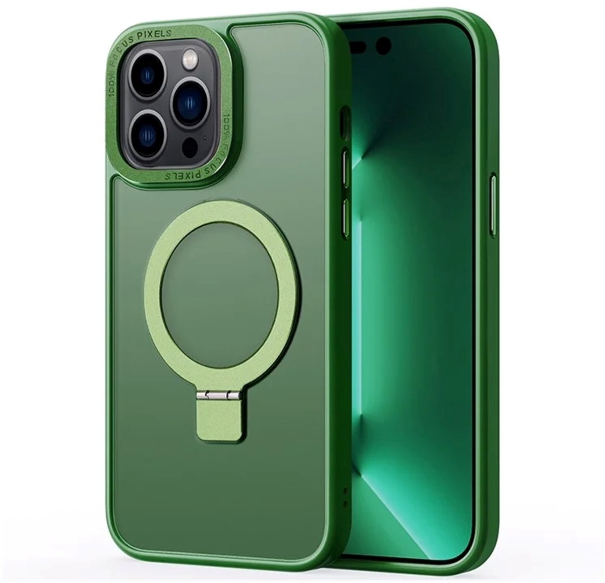 Cityhoesje - iPhone 15 Pro Max - Magnetic - Ring Holder Kickstand - Protective – Backcase - Groen