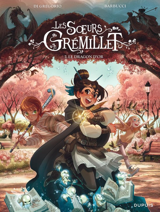 Twee meisjes en een draak in een park, titel 'Les Soeurs Grémillet 7. Le Dragon d'Or'.
