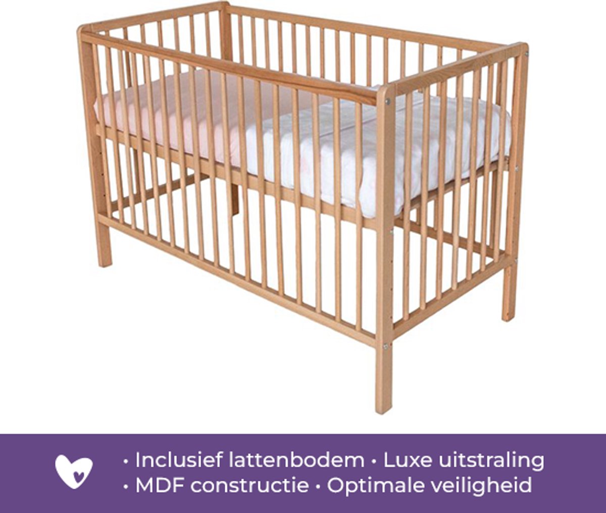 Prénatal Ledikant Ebbe - Naturel Hout - Babybed - max. 30 kg - 60x120 cm – foto 7