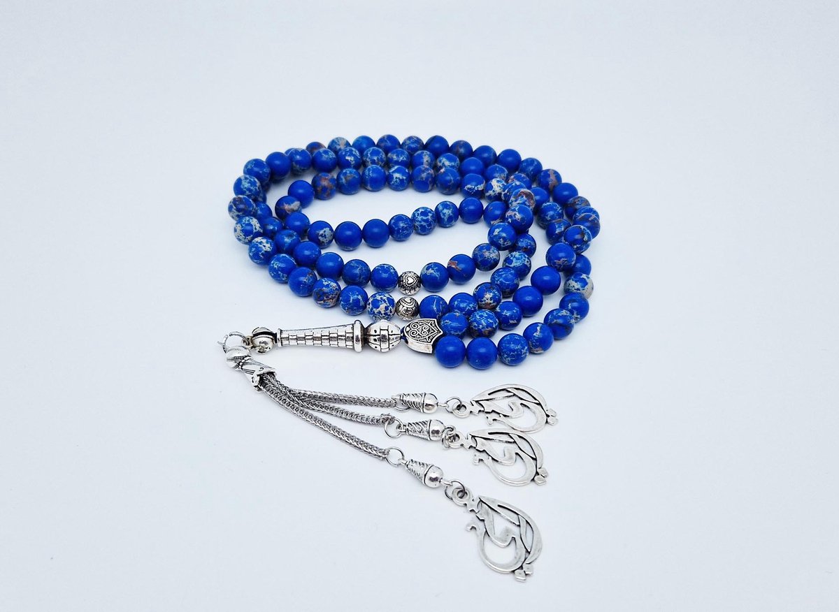 Handgemaakte tesbih "Tasbih" natuursteen " Lapis Lazuli" - Aantal kralen 99 - Diameter kralen 8MM - met metaal tassel "Mijn moeder" - Een mooi cadeau-idee