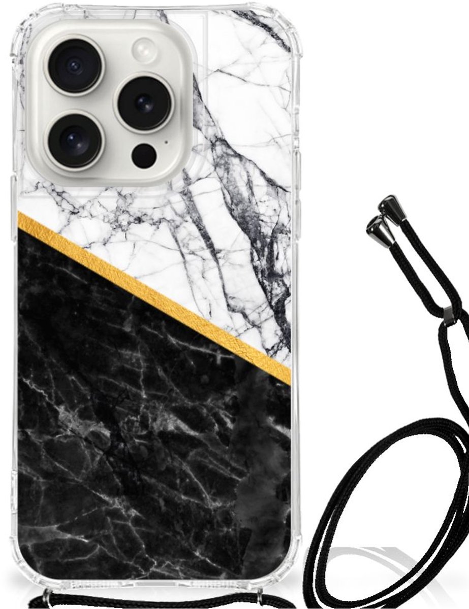iPhone 15 Pro Anti-Shock Hoesje Marmer Wit Zwart - Origineel Cadeau Man