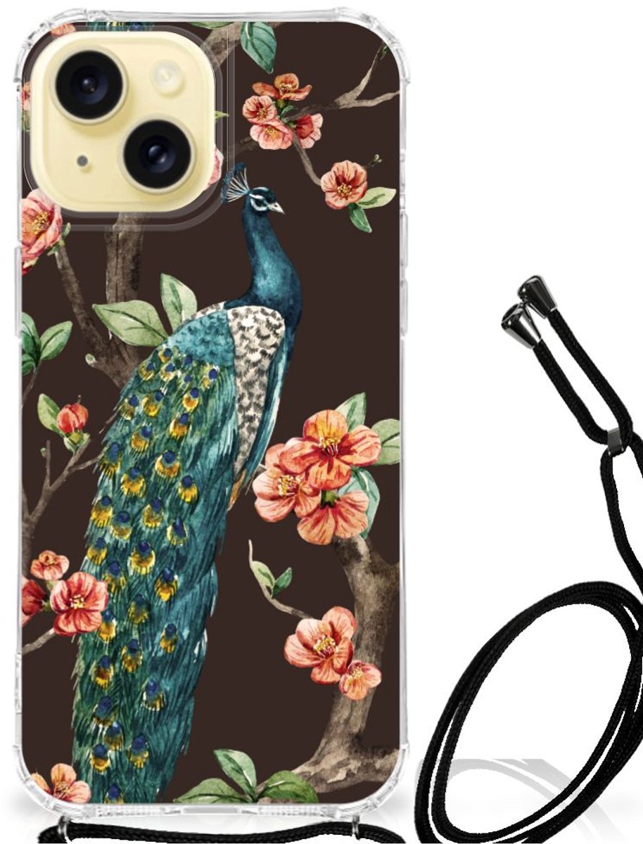 Apple iPhone 15 Case Anti-shock Pauw met Bloemen