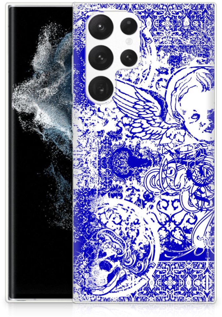 Silicone Back Case Samsung Galaxy S22 Ultra Angel Skull Blauw