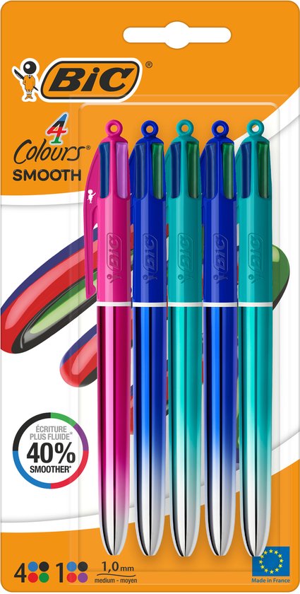 BIC 4 Colors Smooth Pen - Stylos à bille à pointe Medium (1,0 mm) et écriture extra douce - Différents modèles - Lot de 5 pièces